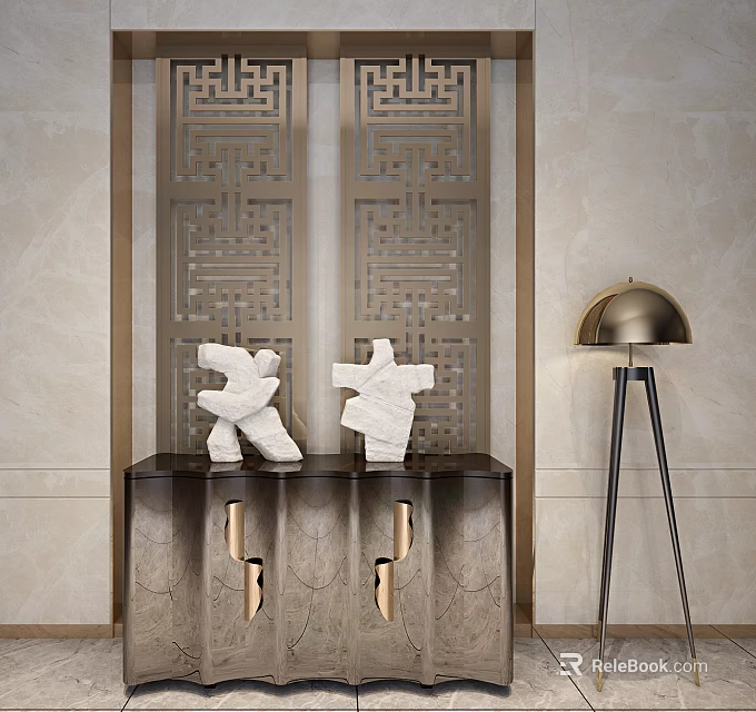 Modern Interior Partition with Intricate Design Geometric Pattern Console Table Decorative Figurines And Floor Lamp 3d model