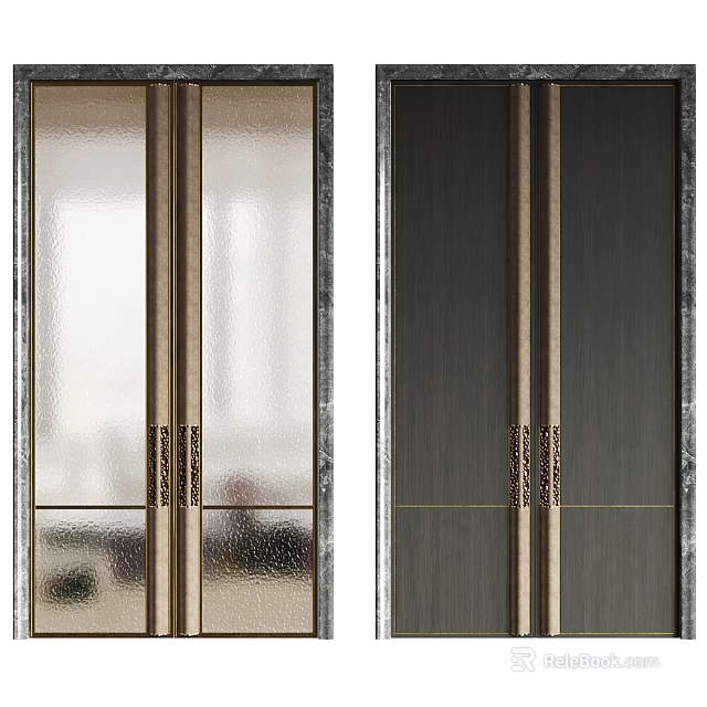Modern Double Doors Design Featuring Glass Panels Dark Wooden Frames And Metal Strips 3d model 