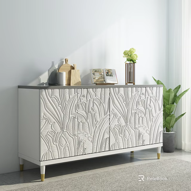 White Carved Pattern Sideboard With Vase Cutting Board Magazine And Green Plant 3d model 