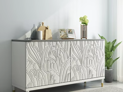 White Carved Pattern Sideboard With Vase Cutting Board Magazine And Green Plant 3d model