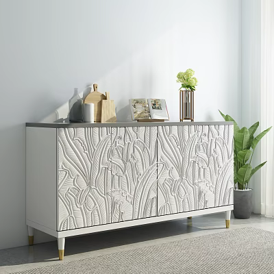 White Carved Pattern Sideboard With Vase Cutting Board Magazine And Green Plant 3d model