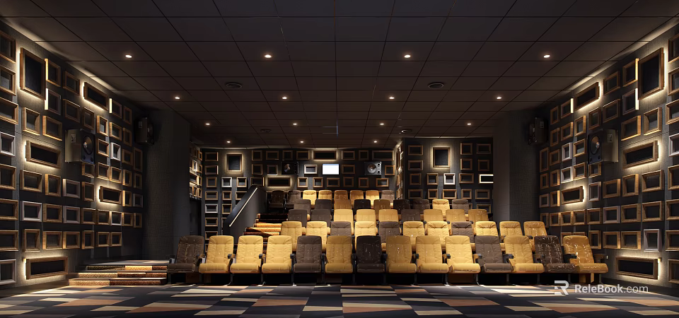 Modern Cinema Auditorium Interior With Yellow Seats Wall Frames And Ceiling Lights 3d model 