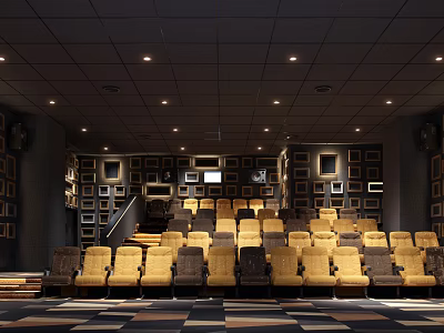 Modern Cinema Auditorium Interior With Yellow Seats Wall Frames And Ceiling Lights 3d model