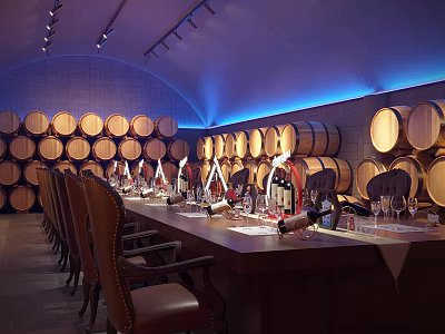 Elegant Wine Cellar Interior With Wooden Barrels Long Table And Wine Glasses 3d model