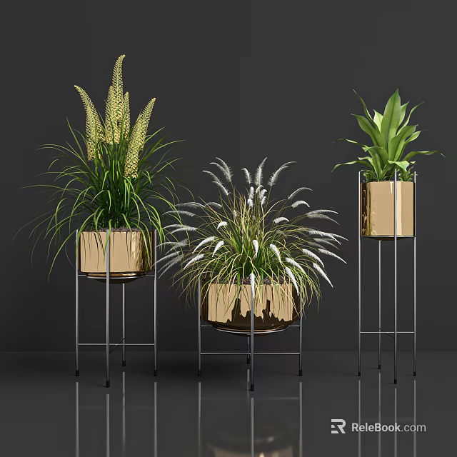 Modern Bonsai Potted Plants With Feathery Leaves And Metal Stands Wooden Pots 3d model 