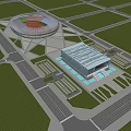 Modern Sports Stadium Complex Featuring Circular Arena Rectangular Building Surrounding Roads And Green Areas 3d model