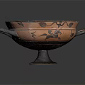 Ancient Greek Ceramic Bowl With Two Handles Orange Base Black Decorative Patterns Pedestal Stand