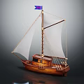 Wooden Sailboat Model With White Sails And Blue Flag On Dark Background