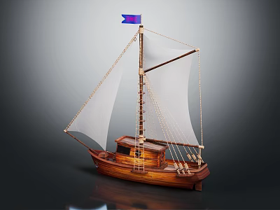 Wooden Sailboat Model With White Sails And Blue Flag On Dark Background 3d model