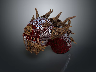 Mythical Creature Head 3D Render With Spiked Horns And Red Brown Textured Scales 3d model