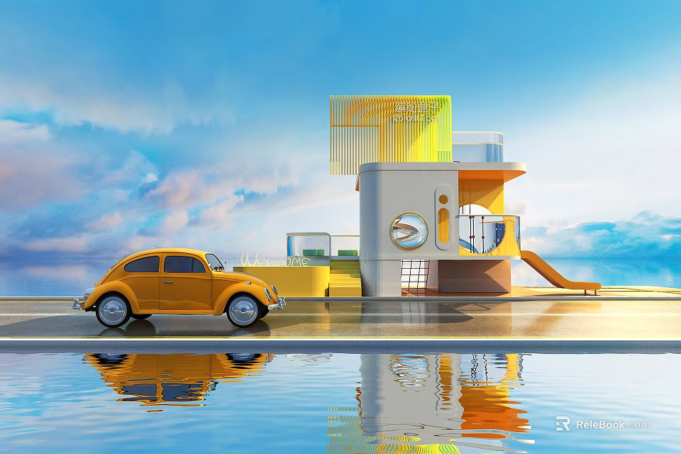 Yellow Beetle Car Parked By Modern Building With Water Reflection And Cloudy Sky 3d model 