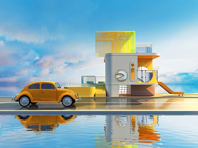 Yellow Beetle Car Parked By Modern Building With Water Reflection And Cloudy Sky 3d model