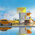 Yellow Beetle Car Parked By Modern Building With Water Reflection And Cloudy Sky