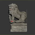 Stone Lion Sculpture Intricate Traditional Carving With Detailed Mane And Red Ball Pedestal
