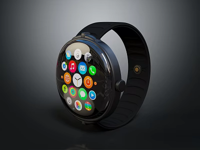 Smart Watch with Colorful App Icons on Round Dial and Black Silicone Strap 3d model