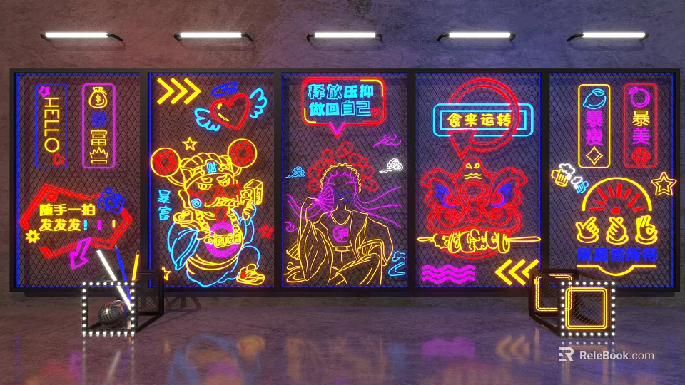 Colorful Neon Decorative Lights for Bar Restaurant Wall Decor with Cartoon Patterns Illuminated Design 3d model 