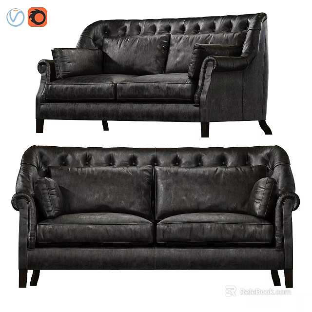 Black Leather Two Seater Sofa With Tufted Design And Armrest Cushions 3d model 