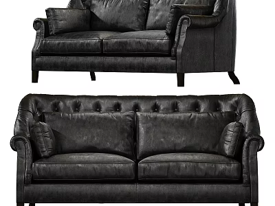 Black Leather Two Seater Sofa With Tufted Design And Armrest Cushions 3d model