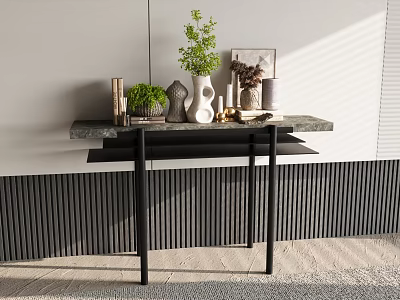 Gray Vertical Striped Wall Entryway with Console Table Marble Top and Decorative Green Plants 3d model