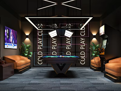 Modern Billiard Room Interior Design With Pool Table Lighting Seating And Plants 3d model