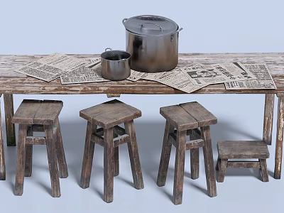 Rustic Wooden Dining Table with Four Stools and Metal Pots on Vintage Newspapers 3d model