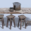 Rustic Wooden Dining Table with Four Stools and Metal Pots on Vintage Newspapers