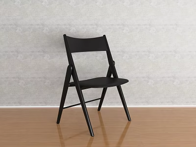 Black Folding Leisure Chair Against Light Patterned Wallpaper On Wooden Floor 3d model