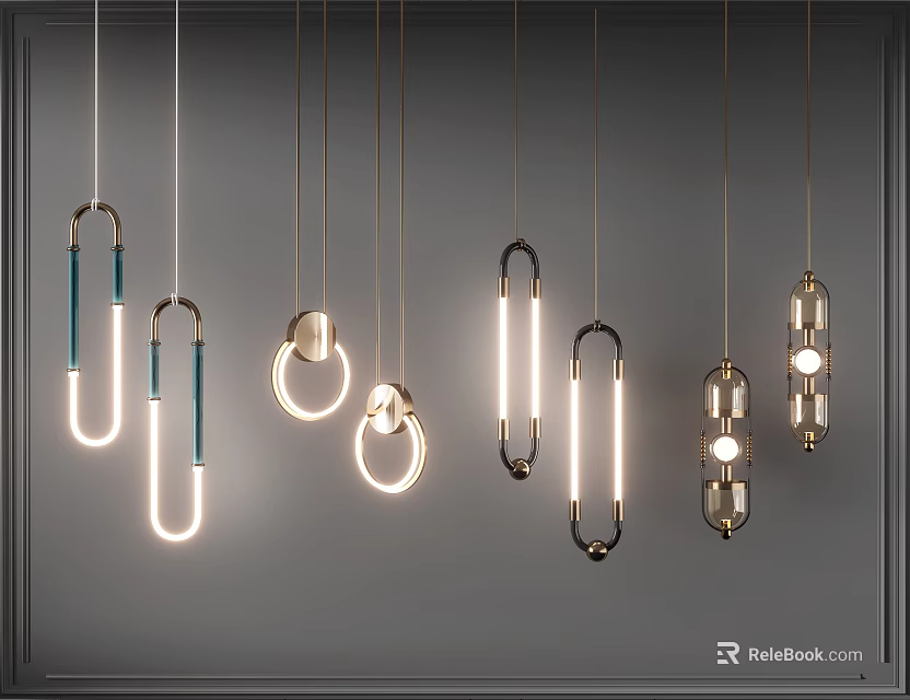 Modern Chandeliers With Different Geometric Shapes Hanging In Contemporary Interior Illuminated 3d model 