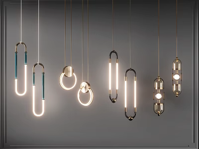 Modern Chandeliers With Different Geometric Shapes Hanging In Contemporary Interior Illuminated 3d model