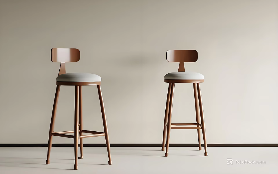 Two Modern Minimalist Bar Stools With Wooden Frame And Light Gray Upholstered Seats 3d model 