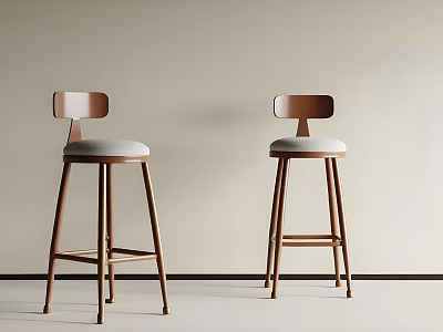 Two Modern Minimalist Bar Stools With Wooden Frame And Light Gray Upholstered Seats 3d model