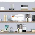 Books And Magazines Collection On Wooden Bookshelves With Decorative Items