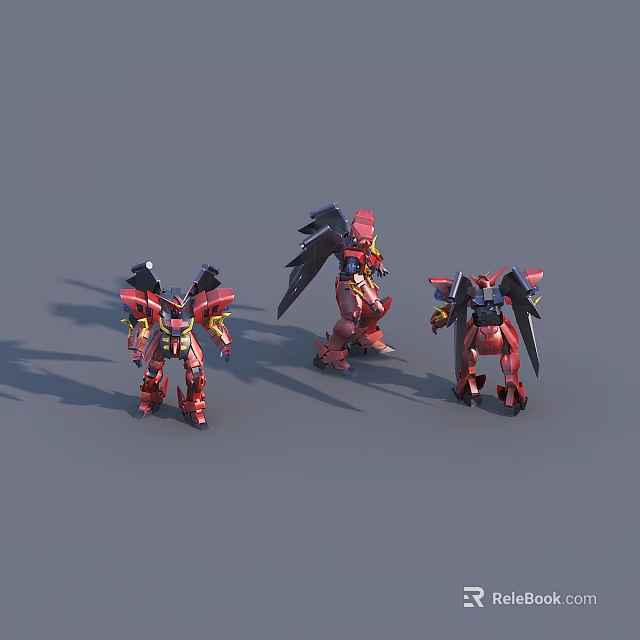 Game And Movie Characters Red Robot Figures With Black Wings In Various Poses 3d model 