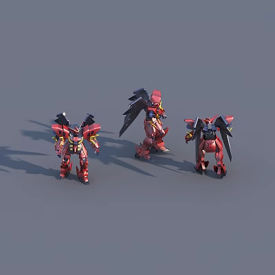 Game And Movie Characters Red Robot Figures With Black Wings In Various Poses 3d model