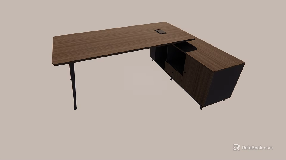 Modern Wooden Office Desk With Long Tabletop Metal Legs And Side Cabinet 3d model 