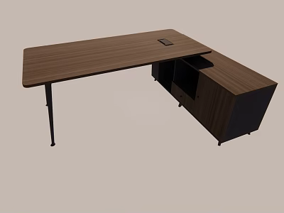 Modern Wooden Office Desk With Long Tabletop Metal Legs And Side Cabinet 3d model