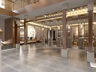 Chinese Style Spacious Hall Interior With Wooden Columns Hanging Lanterns And Floor Tiles 3d model