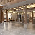 Chinese Style Spacious Hall Interior With Wooden Columns Hanging Lanterns And Floor Tiles