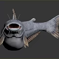 3D Model Fish With Gray Body And Orange Fins Open Mouth Whiskers Dark Background Reflection
