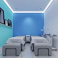 Modern Beauty Hair Salon With Blue Walls White Counter Display Shelves Sofa And Pendant Lights