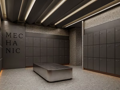 Mechanical Themed Locker Room With Gray Lockers Central Bench And Ceiling Light Strips 3d model