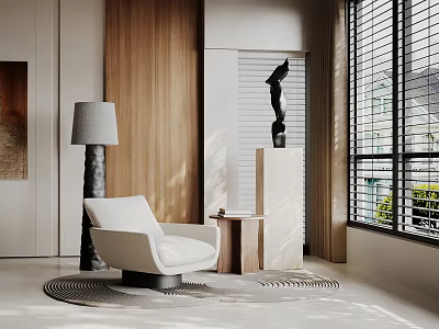 Modern White Leisure Chair in Living Room with Wooden Accents Round Rug Floor Lamp Window 3d model