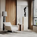 Modern White Leisure Chair in Living Room with Wooden Accents Round Rug Floor Lamp Window