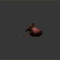 Red Cloth Bag For Daily Use With Golden Circular Items On Blue Wooden Surface And Scattered Outside