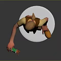 3D Character in Yellow T-shirt Holding Green Creature with Red Rope Standing on White Pedestal