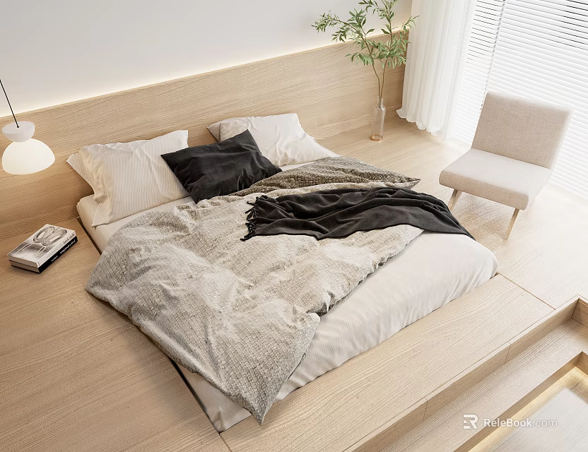 Modern Minimalist Double Bed With Wooden Headboard White Black Pillows Gray Blanket And Wooden Floor 3d model 