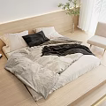 Modern Minimalist Double Bed With Wooden Headboard White Black Pillows Gray Blanket And Wooden Floor
