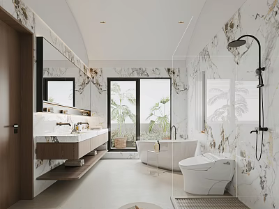 Modern Bathroom With Marble Walls Large Mirror Double Sink Vanity Freestanding Bathtub And Smart Toilet 3d model