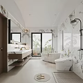 Modern Bathroom With Marble Walls Large Mirror Double Sink Vanity Freestanding Bathtub And Smart Toilet