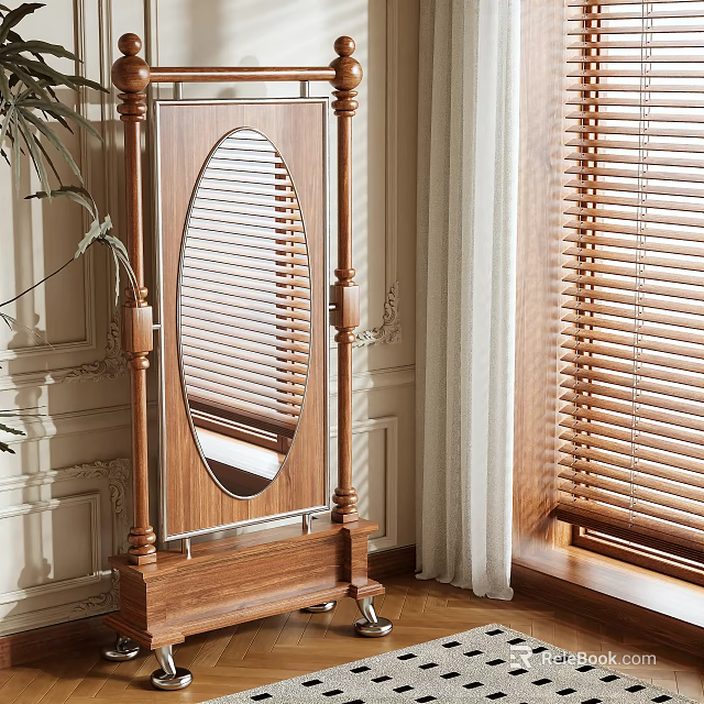 Oval Wooden Floor Mirror With Decorative Frame In Living Room Featuring Wooden Blinds And Curtains 3d model 